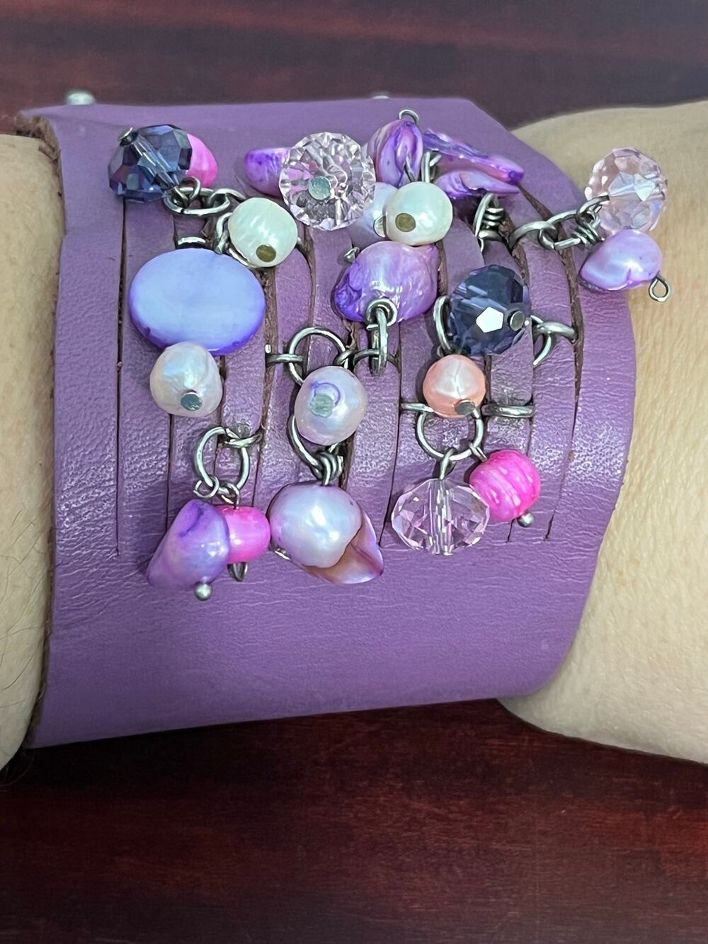 VTG Y2K Artisan Purple Leather Cuff Bracelet Beads Pearls Shells Boho Festival